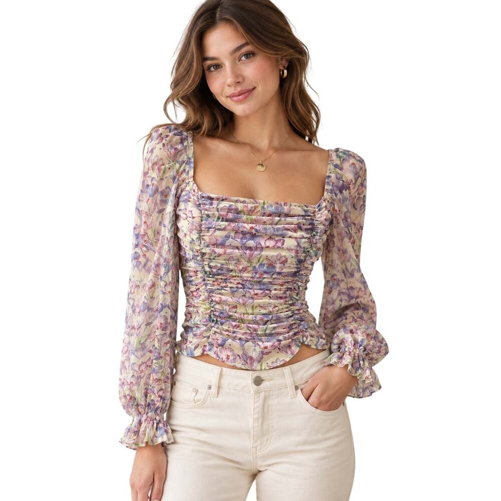ASTR Women Size Small S Purple Floral Ruched Square Neck Long Sleeve Blouse Top